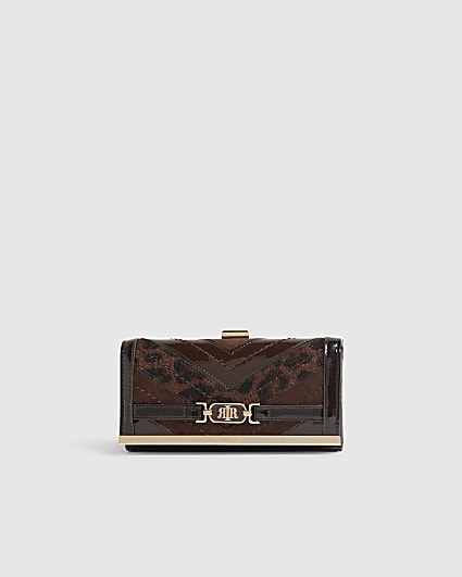 Brown Spliced Panelled Cliptop Purse