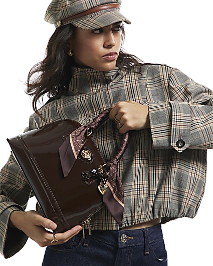 Brown Patent Scarf Handle Crossbody Bag