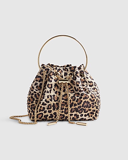 Brown Leopard Print Embellished Clutch Bag
