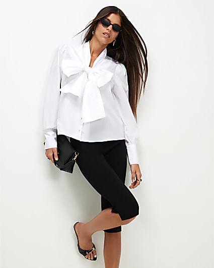 White Cotton Poplin Pussybow Blouse