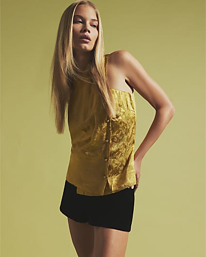 Gold Satin Jacquard Button Wrap Top