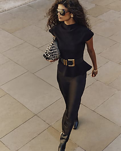 Black Peplum Knit Hybrid Satin Dress