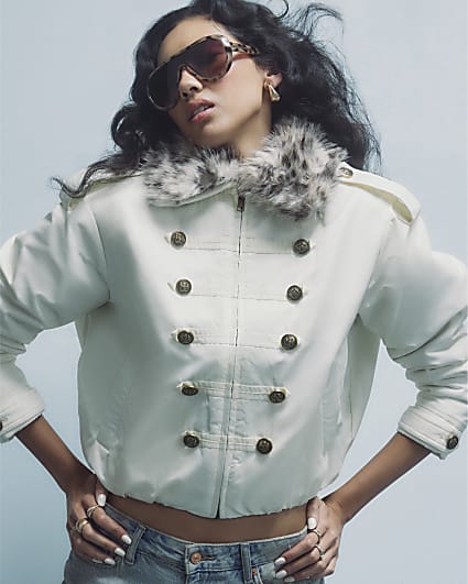 Cream Military Faux Fur Collar Puffer Jacket