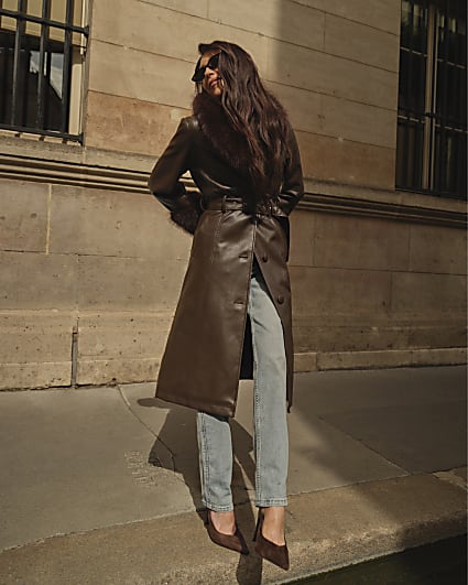 Petite Brown Faux Fur Trim Belted Trench Coat