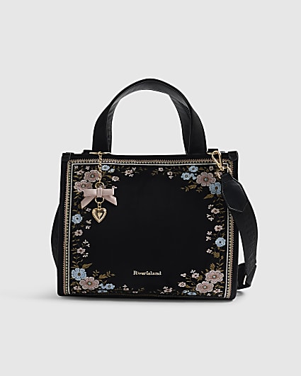 Black Floral Embroidered Tote Bag