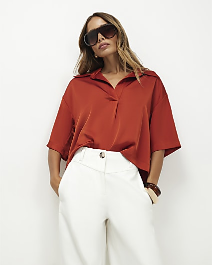 Orange Satin Polo Top