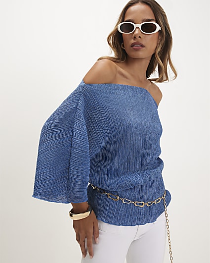 Blue Plisse Batwing Top