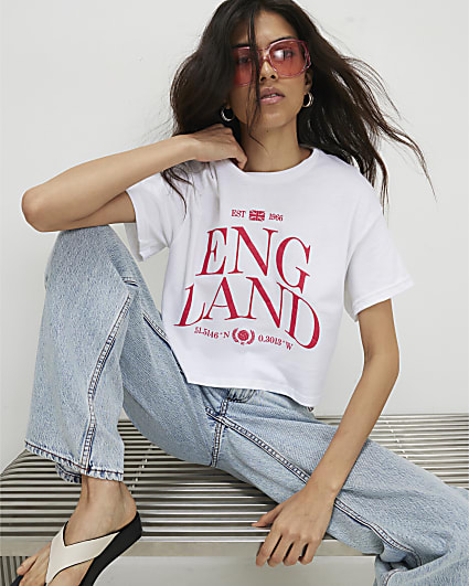 White Cotton Boxy Fit England Cropped T-Shirt