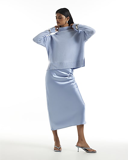 Blue Knit Satin Hybrid Jumper Dress