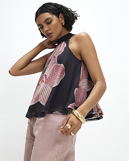 Black Halter Neck Floral Print Mesh Top