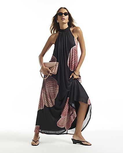Black Halter Neck Floral Print Maxi Dress