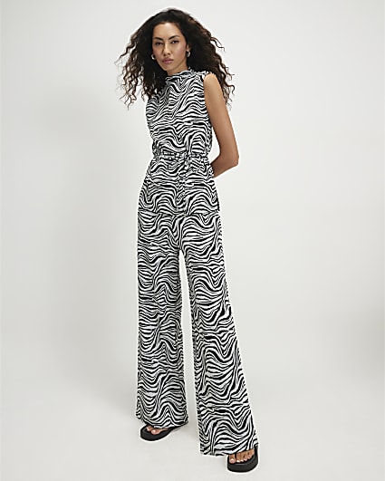 Black Jacquard Zebra Print Wide Leg Trousers