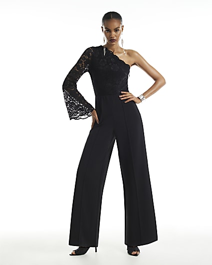Black One Shoulder Lace Jumpsuit