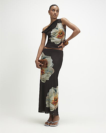 Brown Mesh Floral Print Drape Top
