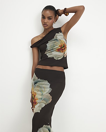 Brown Mesh Floral Print Maxi Skirt