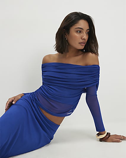Blue Mesh Ruched Bardot Top