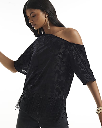Black Devore One Shoulder Fringe Top