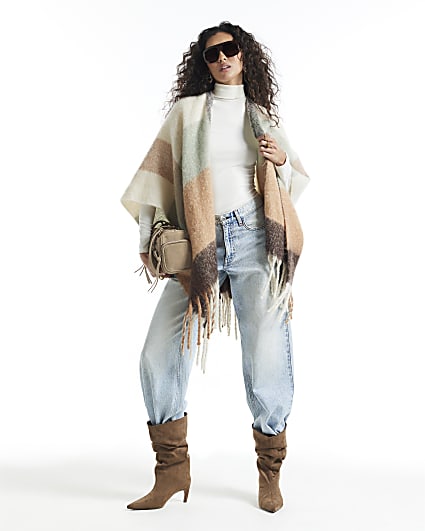 Cream Check Knit Scarf Cape