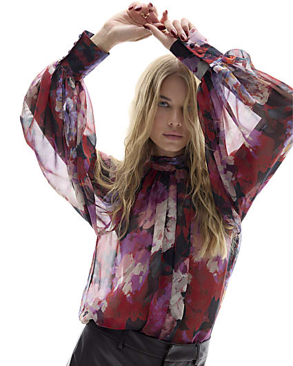 Red Floral Sheer Tie Neck Top