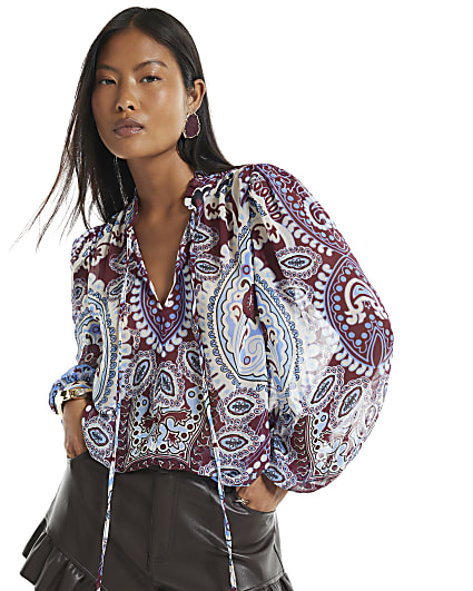 Petite Burgundy Paisley Print Blouse