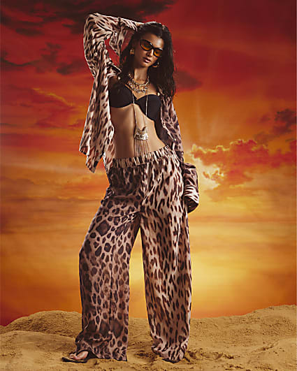 Brown Leopard Print Sliced Wide Leg Trousers