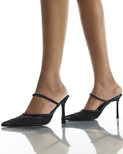 Black Diamante Mule Stiletto Heels