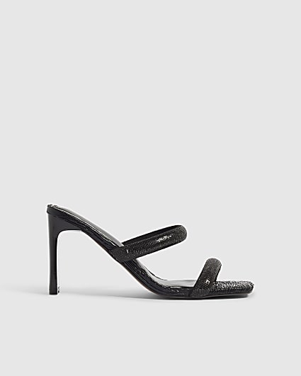 Black Diamante Strap Block Heeled Sandals