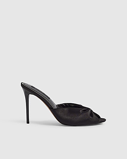 Black Gathered Mule Heeled Sandals