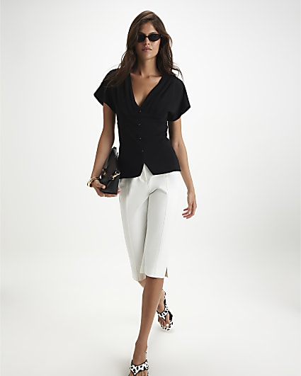 Black Pleat Shoulder Button Front Top