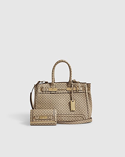 Beige Monogram Lock Front Bag Bundle
