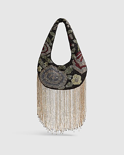 Black Floral Beaded Tassel Clutch Bag