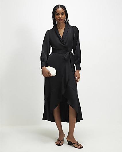 Black Satin Wrap Front Midi Dress