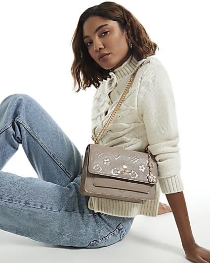 Beige Patent Embossed Pocket Shoulder Bag