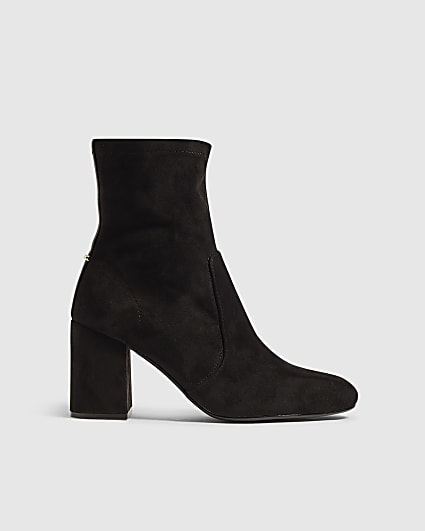 Black Faux Suede Square Heel Stretch Boots
