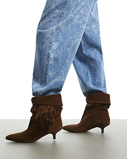 Brown Suede Fringe Kitten Heel Boots