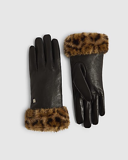 Black Leather Leopard Faux Fur Trim Gloves