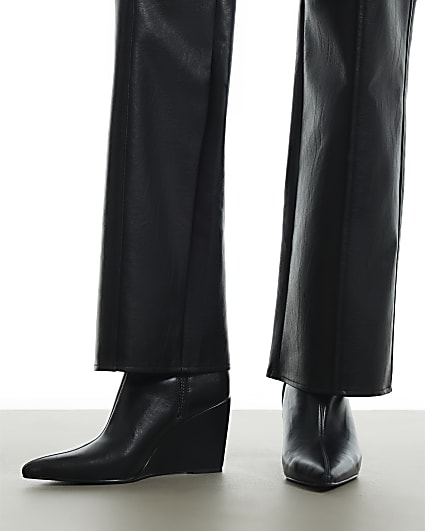 Black Faux Leather Stretch Wedge Ankle Boots