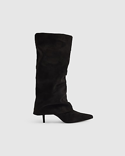 Black Faux Suede Ruched Folded High Leg Boots