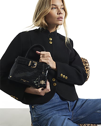 Black Patent Belt Front Mini Tote Bag