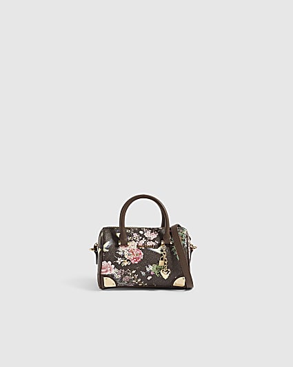 Brown Faux Leather Flower Monogram Bowler Bag