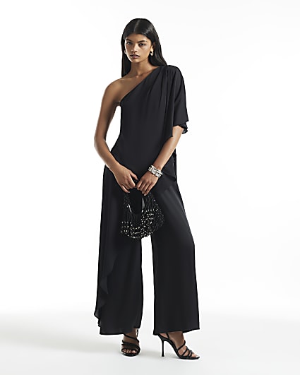 Black One Shoulder Cape Jumpsuit