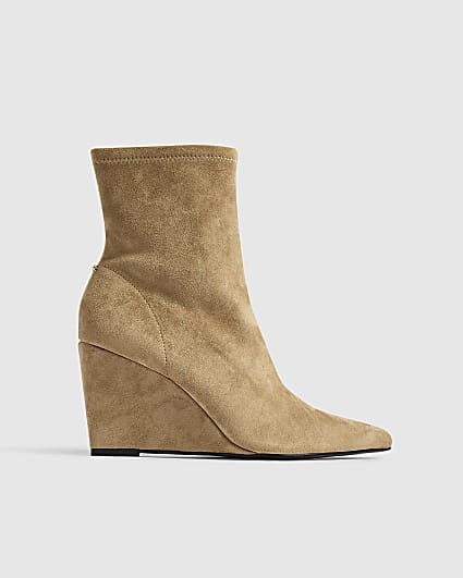 Beige Faux Suede Stretch Wedge Ankle Boots