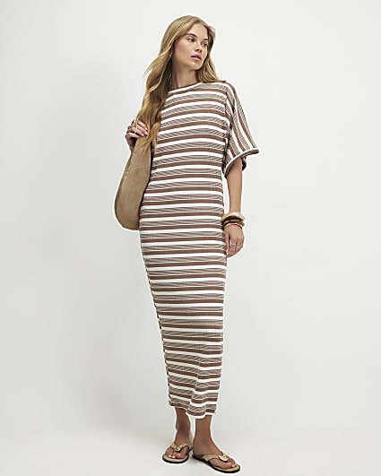 Brown Short Sleeve Striped Maxi Batwing Dress
