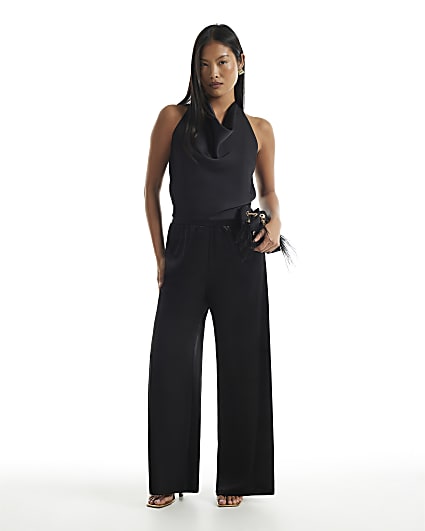 Petite Black Velvet Wide Leg Trousers