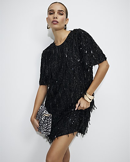 Black Sequin T-Shirt Mini Dress
