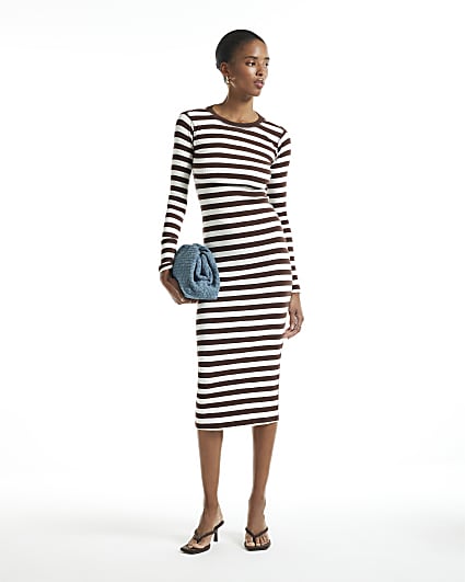Brown Long Sleeve Stripe Rib Midi Dress
