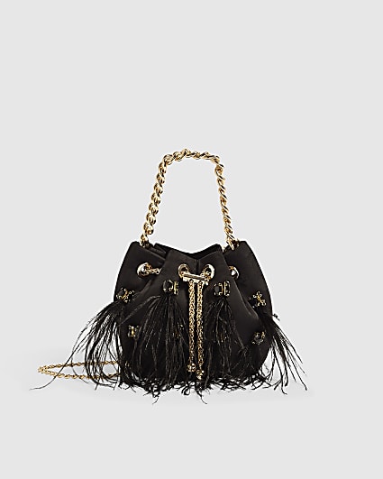 Black Floral Jacquard Gem Handle Feather Bag