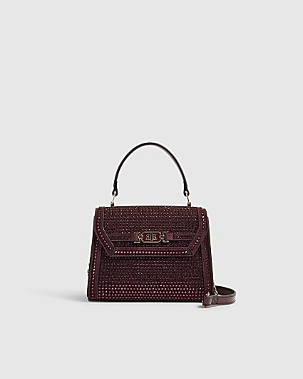 Burgundy Embellished Mini Tote Crossbody Bag