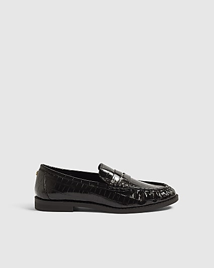 Black Faux Leather Croc Ruched Loafers