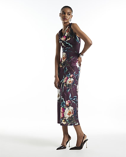 Purple Floral Ruched Midi Dress